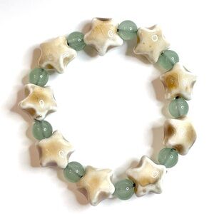 Multi Star Bracelet Sea Glass Blue Green Ceramic Beads Tan Stretchy